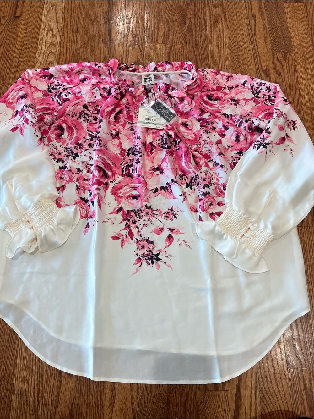 Anne Klein Floral Blouse 1X Pink White Sheer Peasant Top NWT - Picture 7 of 11